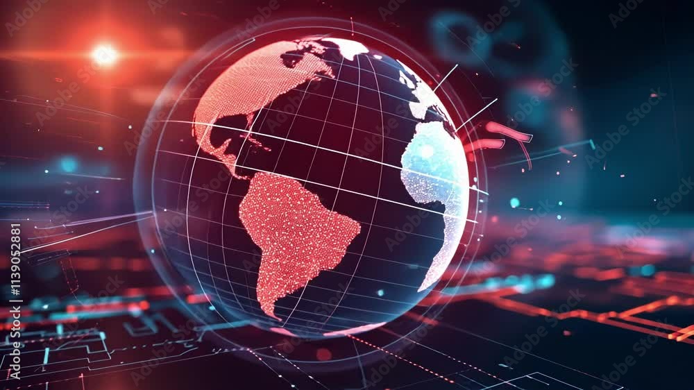 Poster futuristic planet earth is rotating with digital data flowing around, representing global communicat