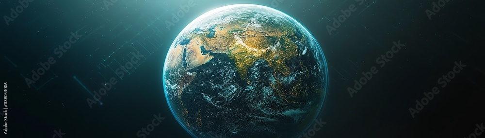 Poster a 3d rendering of earth with continents linked by digital networks, representing global communicatio