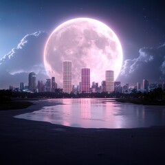 Obraz premium Nighttime City Skyline with Full Moon Over Calm Water Reflection