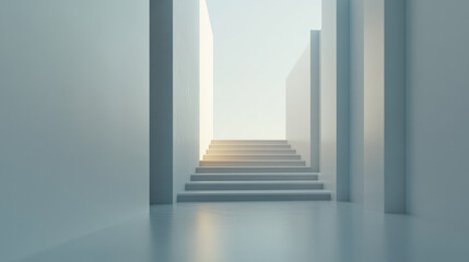 Obraz premium Minimalist staircase leading to bright light, creating serene atmosphere. clean lines and soft colors evoke sense of calm and tranquility