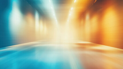 vibrant abstract blur of colors in spacious event room, creating dynamic atmosphere. interplay of blue and orange hues evokes sense of energy and excitement