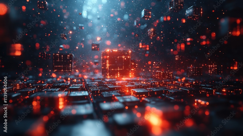 Poster abstract 3d rendering of chaotic particles flying cubes in empty space futuristic backgroun