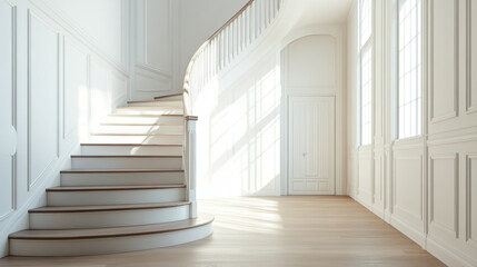 Fototapeta premium Bright and clean interior of staircase with natural light streaming in, showcasing elegant design and closed door. serene and inviting atmosphere is created