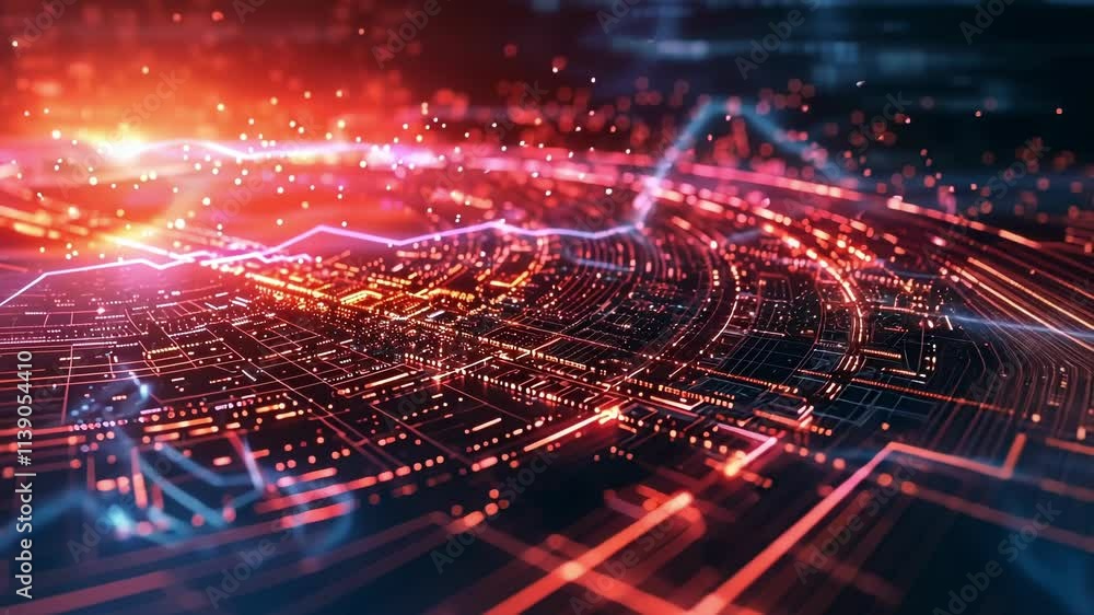 Poster complex network of interconnected lines and nodes forming a futuristic cityscape, symbolizing advanc