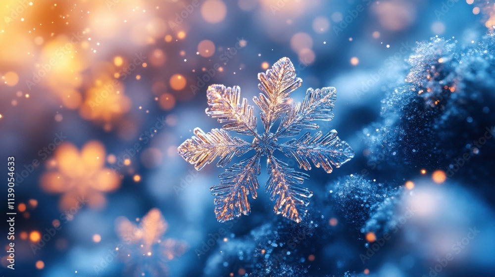 Poster abstract 3d rendering of flying snowflakes shapes winter background with bokeh effect design for pos