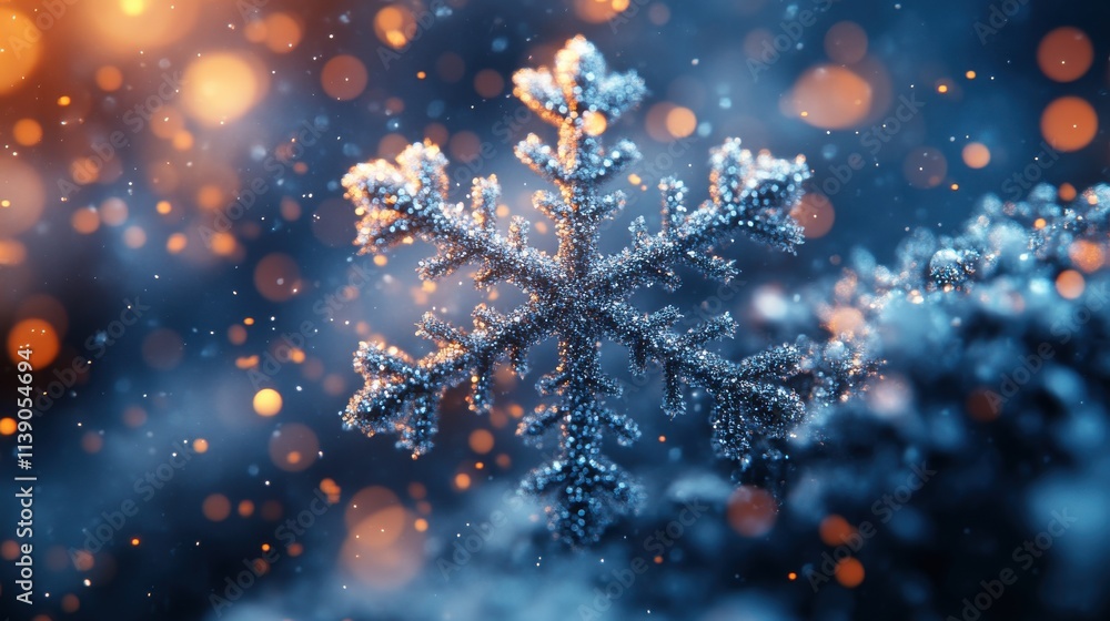 Poster abstract 3d rendering of flying snowflakes shapes winter background with bokeh effect design for pos