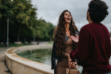 A woman and a man share a vibrant laugh during a relaxed outdoor stroll. The atmosphere is...