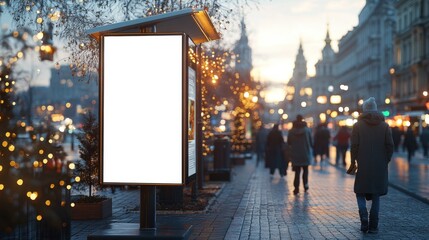 Evening stroll with blank billboard city street photography urban environment eye-level view advertising concept