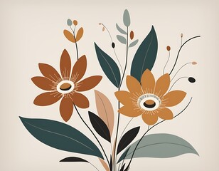 Neutral Colors of  Seamsless Bohemian exotic flower prints, minimal boho art mid century design. bohemian leaves illustration