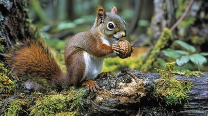 Fototapeta premium Adorable red squirrel eating a walnut on a mossy log in a forest.