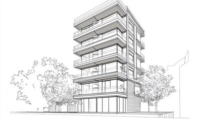 Modern Architectural Design of a Residential Building with Multiple Balconies and Large Windows Surrounded by Green Trees in a Minimalist Style