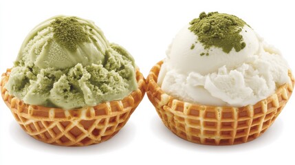 Freshly Scooped Matcha and Vanilla Ice Cream in Crisp Waffle Cones, Perfect for Summer Treats, Desserts, and Indulgent Moments to Savor and Share