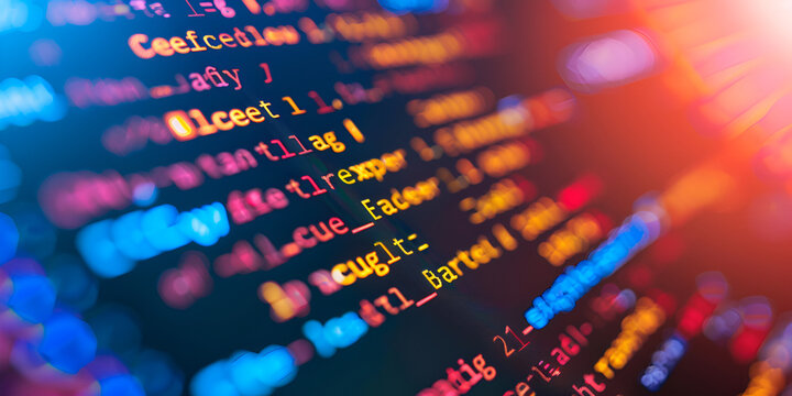  Colorful close-up of programming code on a digital screen with glowing lights, Software development and coding process in vibrant digital environment.