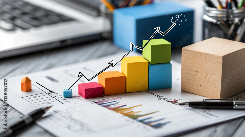 Poster colorful blocks represent growth in business strategy, with graphs and charts illustrating customer 