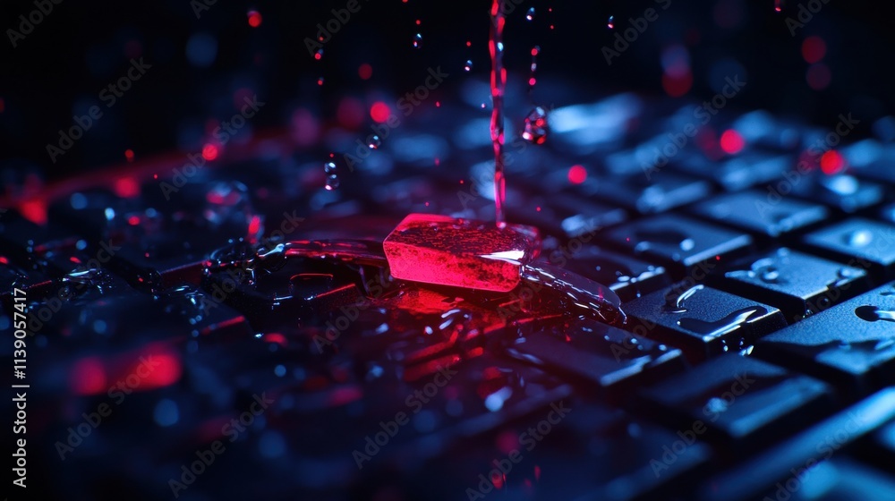 Poster liquid streaming over keyboard dimly lit environment macro photography technology concept abstract v