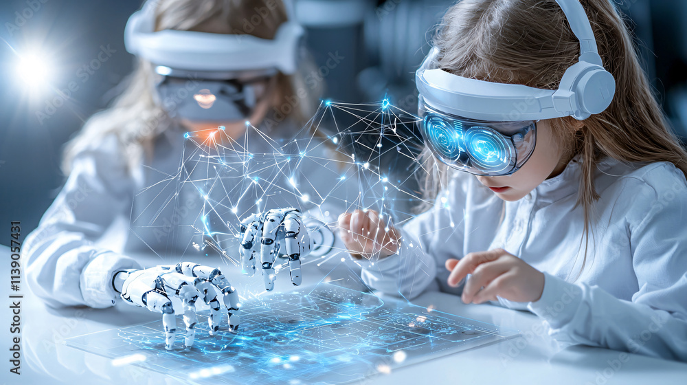 Poster children using virtual reality headsets and robotic hands to explore technology in classroom setting