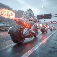 Obraz premium Futuristic Motorcyclists Riding in Neon Cityscape at Dusk