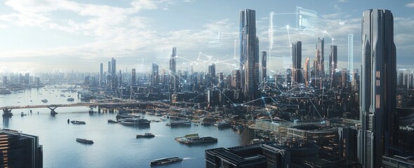 Naklejka premium Futuristic city skyline with harbor and network overlay.