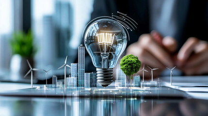 conceptual smart city design featuring renewable energy sources, including light bulb symbolizing innovation, wind turbines, and greenery, showcasing sustainable urban development