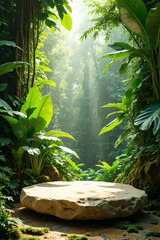 Podium background a serene sun-drenched jungle setting