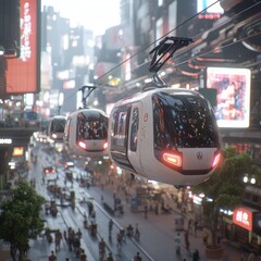 Futuristic Urban Cityscape Featuring Aerial Tram System At Dusk