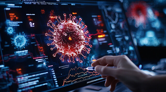 digital interface displaying global health dashboard with virus visualization, showcasing data analytics and health metrics. image conveys urgency and technological advancement - Powered by Adobe