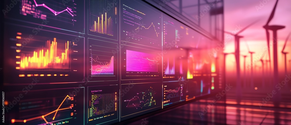 Poster a cuttingedge analytics dashboard with wind turbine data, glowing graphs, clean interface, vibrant a