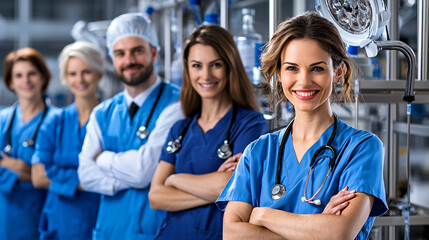 diverse group of healthcare professionals in blue scrubs, smiling confidently in medical facility. Their teamwork and dedication to patient care are evident