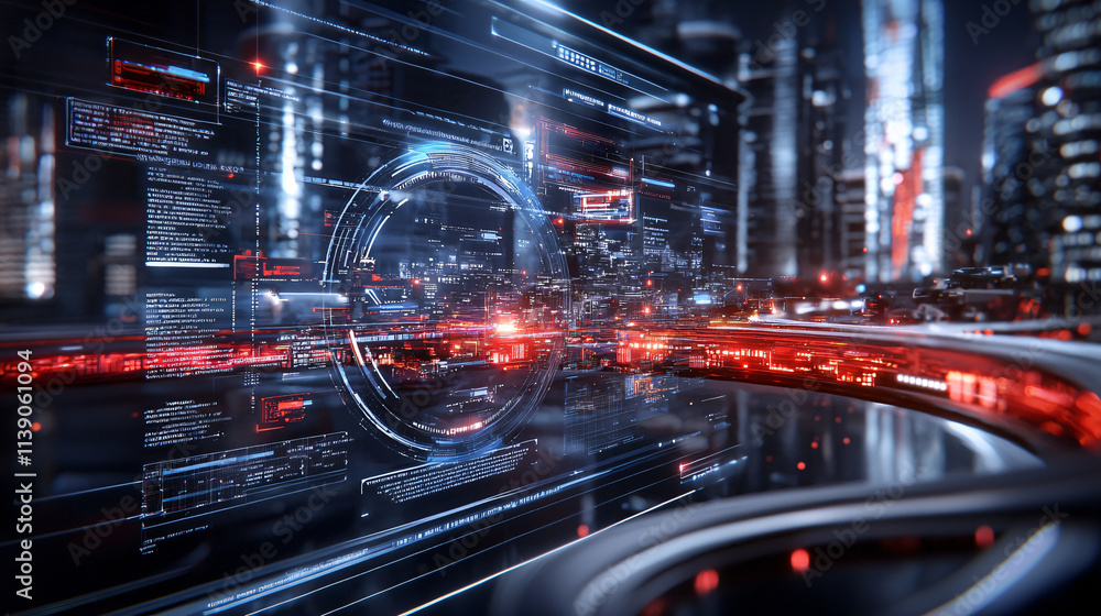 Leinwandbilder Futuristic city dashboard displaying AI driven traffic management with vibrant lights and digital interfaces. scene captures advanced technology in urban environment