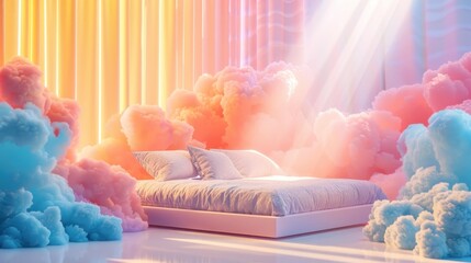 Surreal and dreamlike bedroom scene with soft glowing clouds and a vibrant celestial backdrop creating a calming serene and whimsical atmosphere  Ideal for tranquil