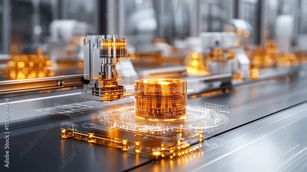 Poster futuristic concept of smart factory showcasing advanced automation and real time data processing. scene features robotic arms and glowing components, emphasizing innovation