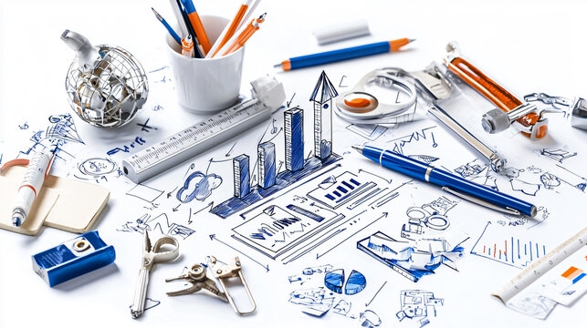 Office workspace with tools, charts, and sketches for project planning, showcasing creativity and organization in professional environment - Powered by Adobe