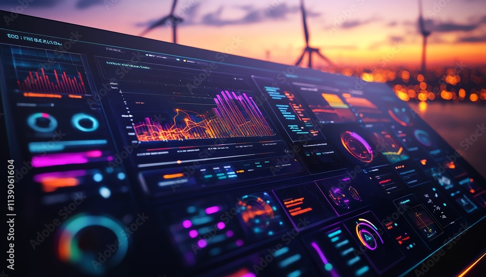 Aufkleber a futuristic wind energy dashboard with interactive data visualizations, performance analytics, neon