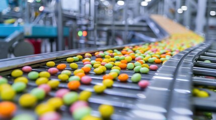 Fototapeta premium Candy Manufacturing Plant: A plant dedicated to making sweets and chocolates, offering a delicious selection of confections loved by people of all ages. 
