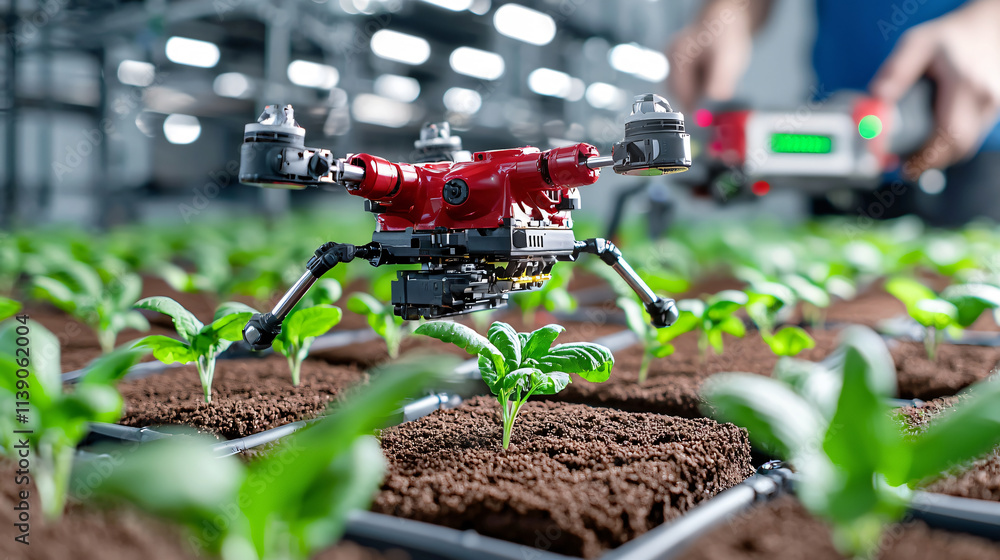 Aufkleber robotic drone tending to young plants in modern agricultural setting, showcasing advanced technology