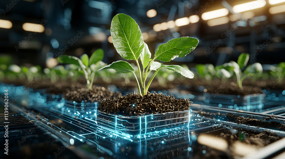 Poster futuristic vision of robotics enhancing agriculture with seedlings growing in high tech soil. scene showcases innovation in farming technology and sustainable practices