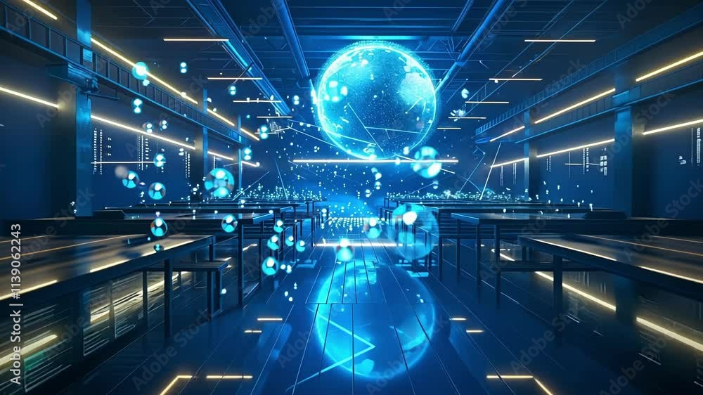 Poster hologram of planet earth floating above desks in futuristic office space with data points and lines 
