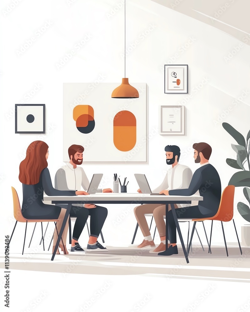 Poster a group of professionals in an office environment working together on a project, teamwork and synerg