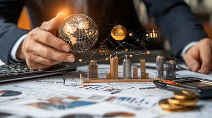 Transforming global investment strategies through data analysis and visualization, businessman holds globe while discussing financial growth