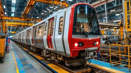 Naklejka premium Railcar Manufacturing Plant: This plant manufactures passenger and freight railcars, utilizing advanced technology to create durable, reliable vehicles for the railway industry. 