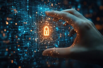 Digital Security Concept with Hand Reaching for Lock Icon in Futuristic Data Environment