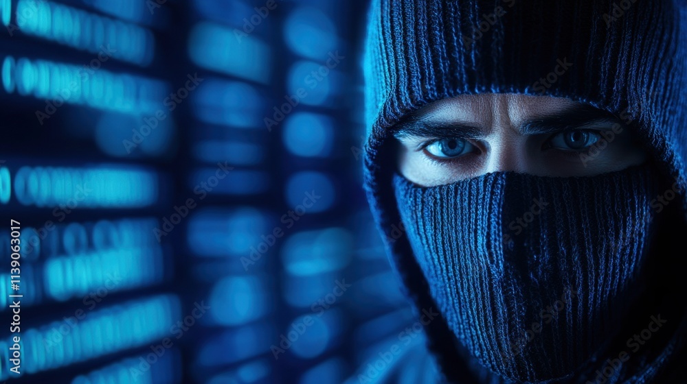 Poster intruder caught in cybercrime mysterious hacker in dark environment with digital code background