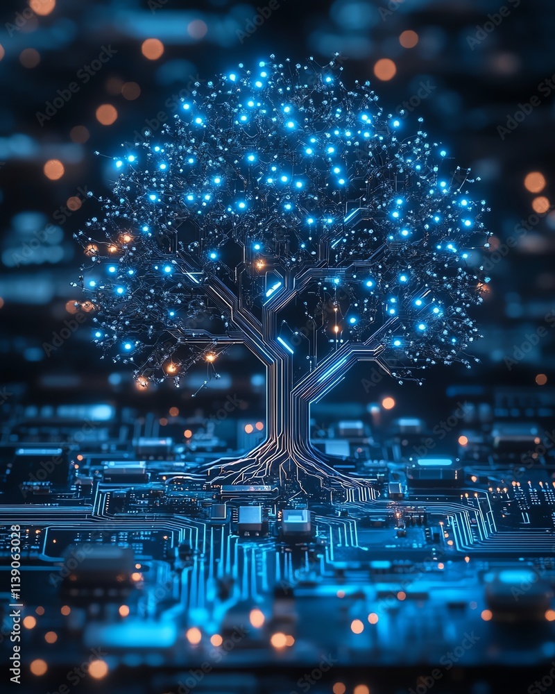Poster a luminous digital tree with pulsating neon lights, embedded in a hightech circuit board, futuristic