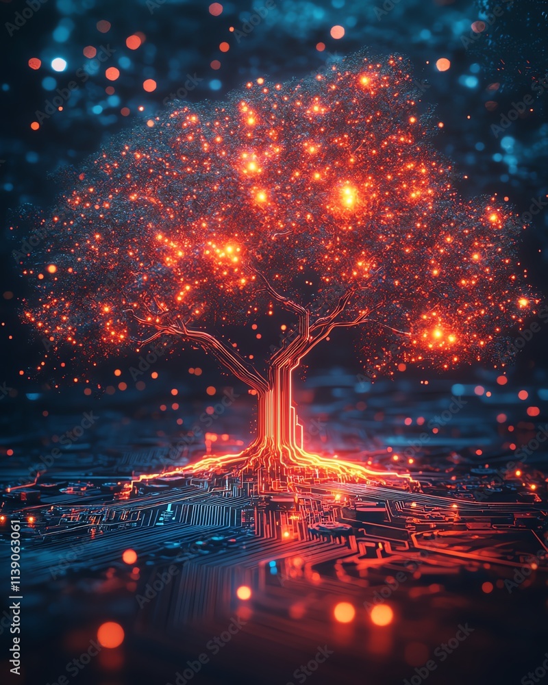 Poster a luminous digital tree with pulsating neon lights, embedded in a hightech circuit board, futuristic