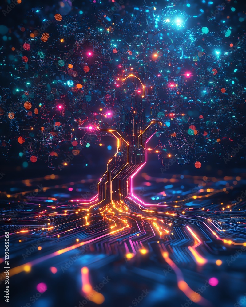 Poster a luminous digital tree with pulsating neon lights, embedded in a hightech circuit board, futuristic