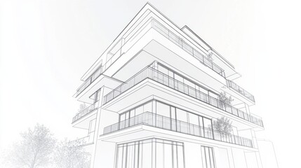 Fototapeta premium Abstract Architectural Design of a Modern Building Featuring Sleek Lines and Expansive Balconies with Lush Greenery Surrounding the Structure