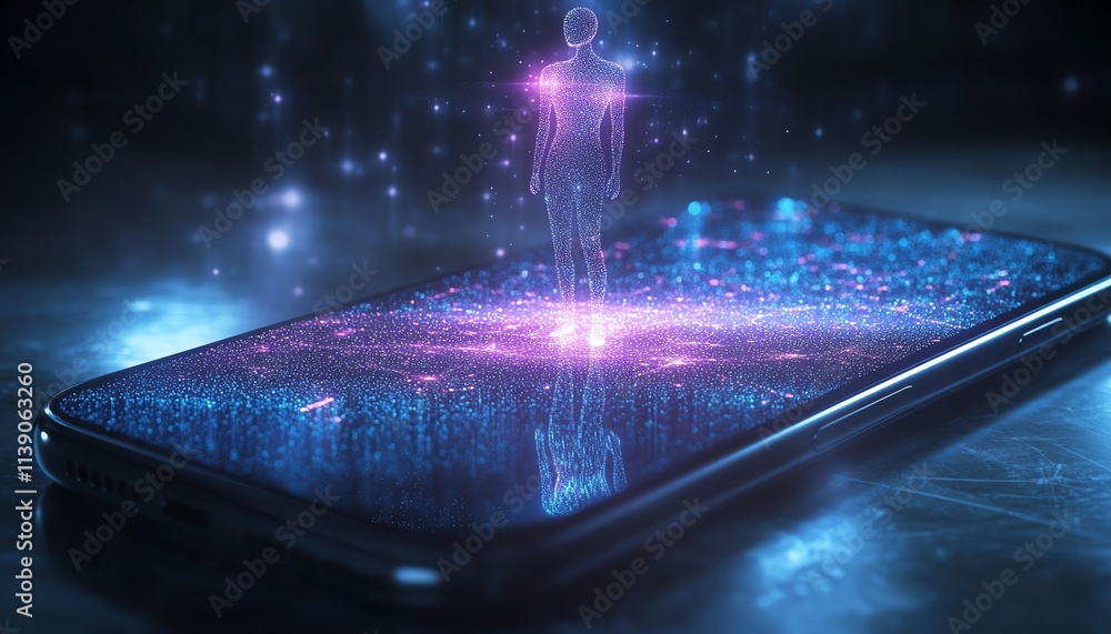 Poster a medium shot of a smartphone projecting a glowing holographic ai assistant, blending minimalist sty
