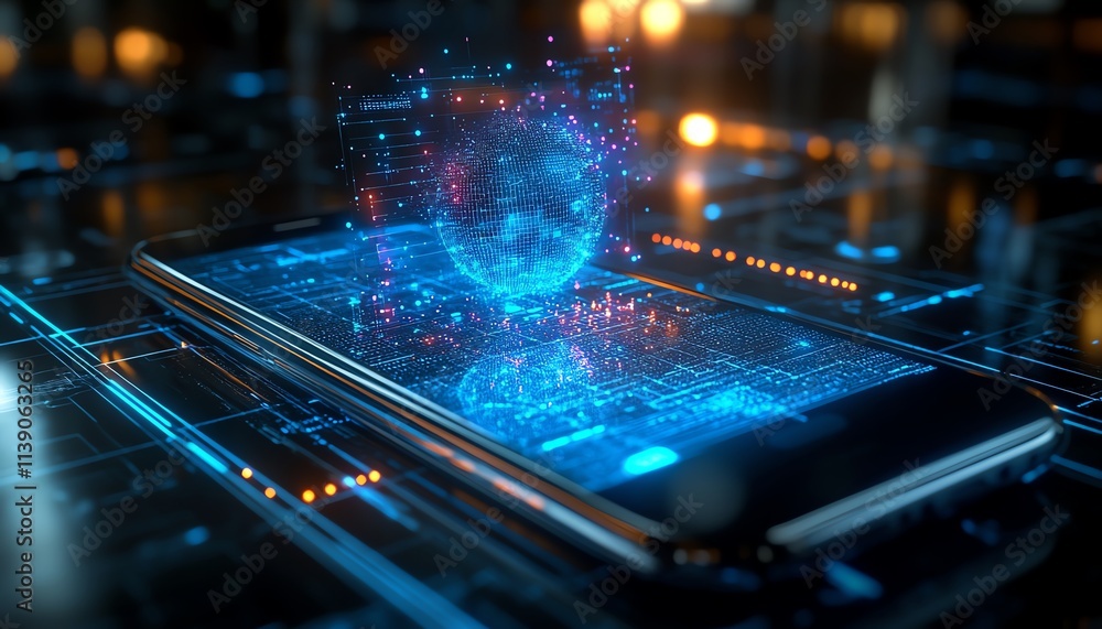 Aufkleber A medium shot of a smartphone with a holographic AI assistant projected above it, blending artificial intelligence with sleek minimalist aesthetics, vibrant and detailed, 8K