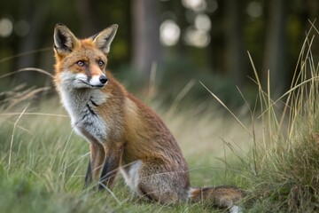 a close-up portrait of a red fox sitting in a field of tall grass.