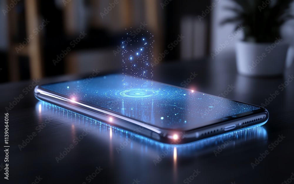 Poster a phone projecting a floating holographic ai assistant, blending advanced ai technology with a clean